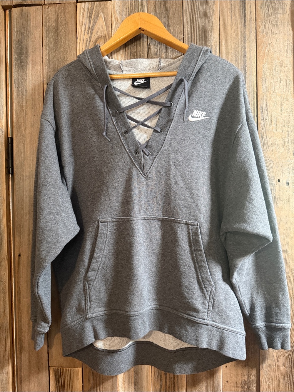 Nike Gray Lace-Up V-Neck Hooded Sweatshirt - Heather Gray